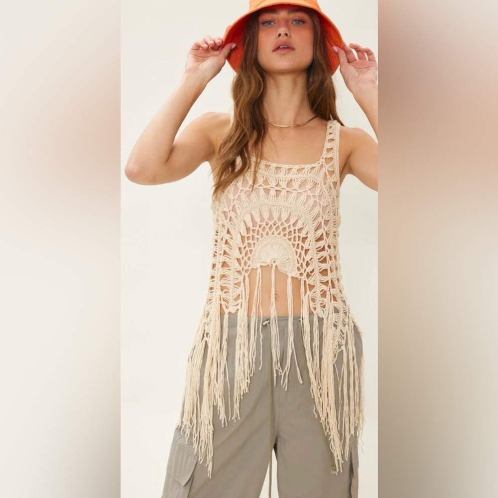Hippie Vibe Tribe Cream Crochet Mandala Fringe Tank Top | Medium